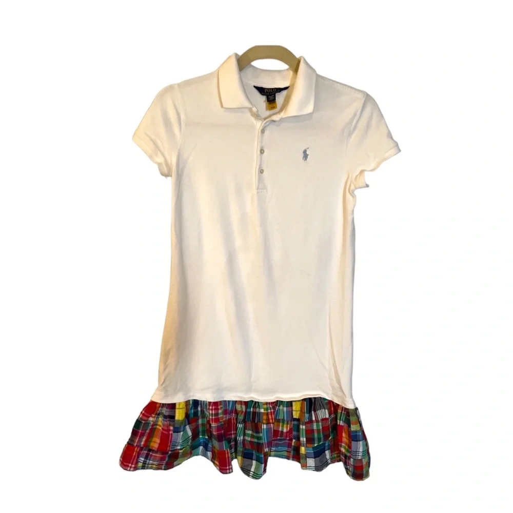Ralph Lauren White Polo Dress with Colorful Plaid Ruffle - Kids
